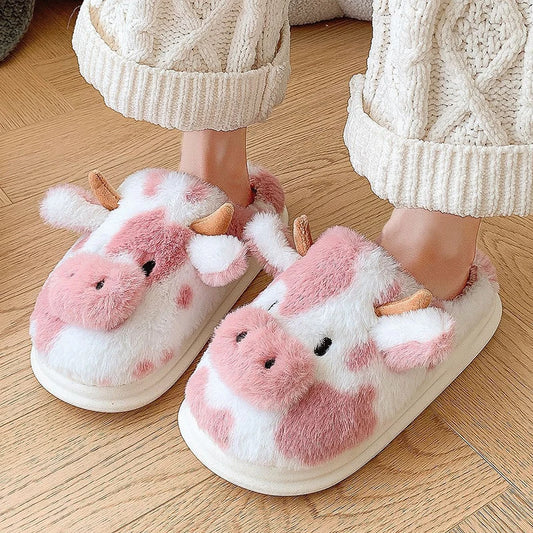 Zapatillas invernales de felpa para mujer – Pantuflas divertidas con diseño animal print vaca