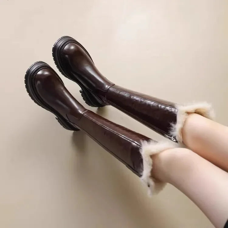 Botas altas cálidas de piel - para mujer, botas de nieve de felpa hasta la rodilla de tacón bajo para invierno