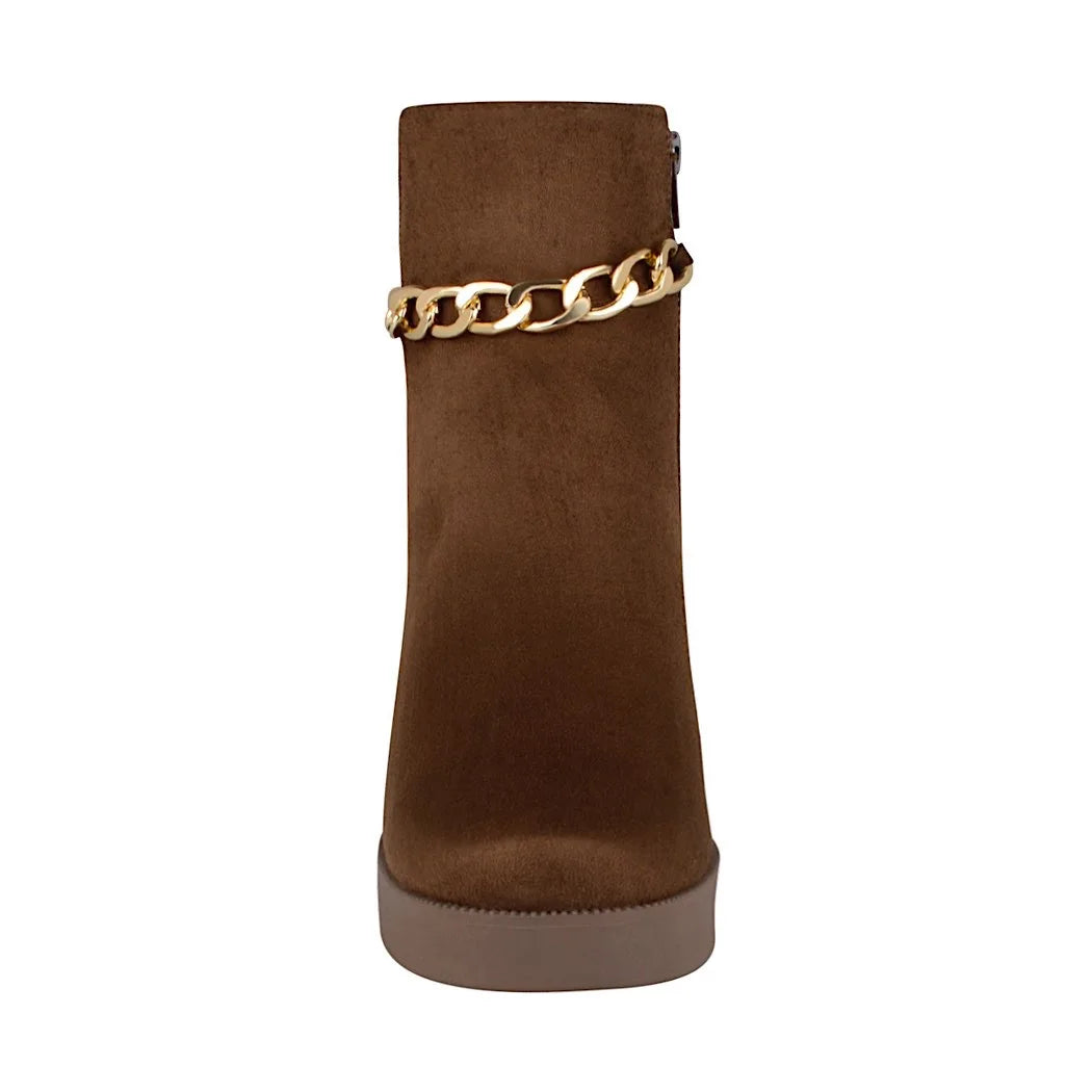 Botines de gamuza café mujer | Tacón grueso con cadena decorativa