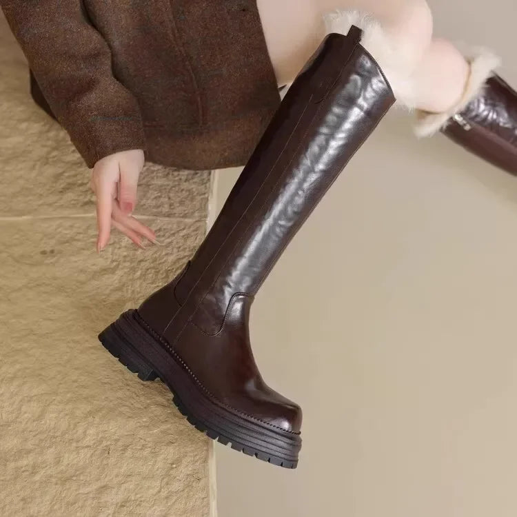Botas altas cálidas de piel - para mujer, botas de nieve de felpa hasta la rodilla de tacón bajo para invierno