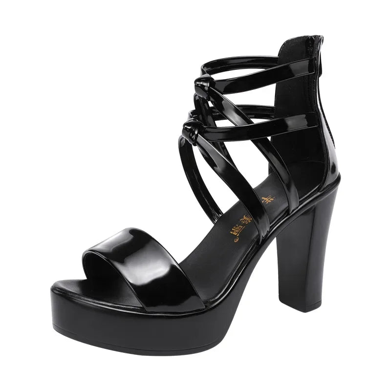 Sandalias de plataforma con tacón ancho para mujer - Zapatos de charol elegantes