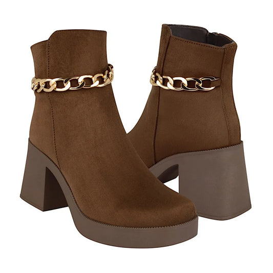 Botines de gamuza café mujer | Tacón grueso con cadena decorativa
