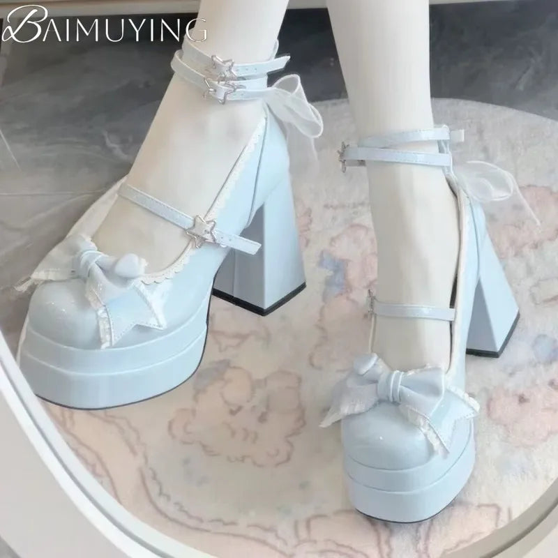 Sandalias de tacón ancho con moño - Moda Lolita elegante con plataforma para mujer.