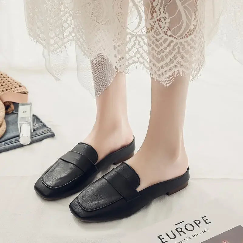 Baotou-Zapatillas planas de cuero suave para Mujer, Zapatos planos sin cordones, suela suave