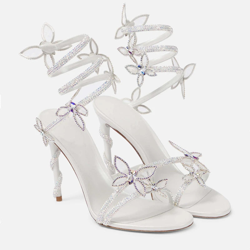 Sandalias de lujo con adornos de cristal y detalle de mariposa para mujer