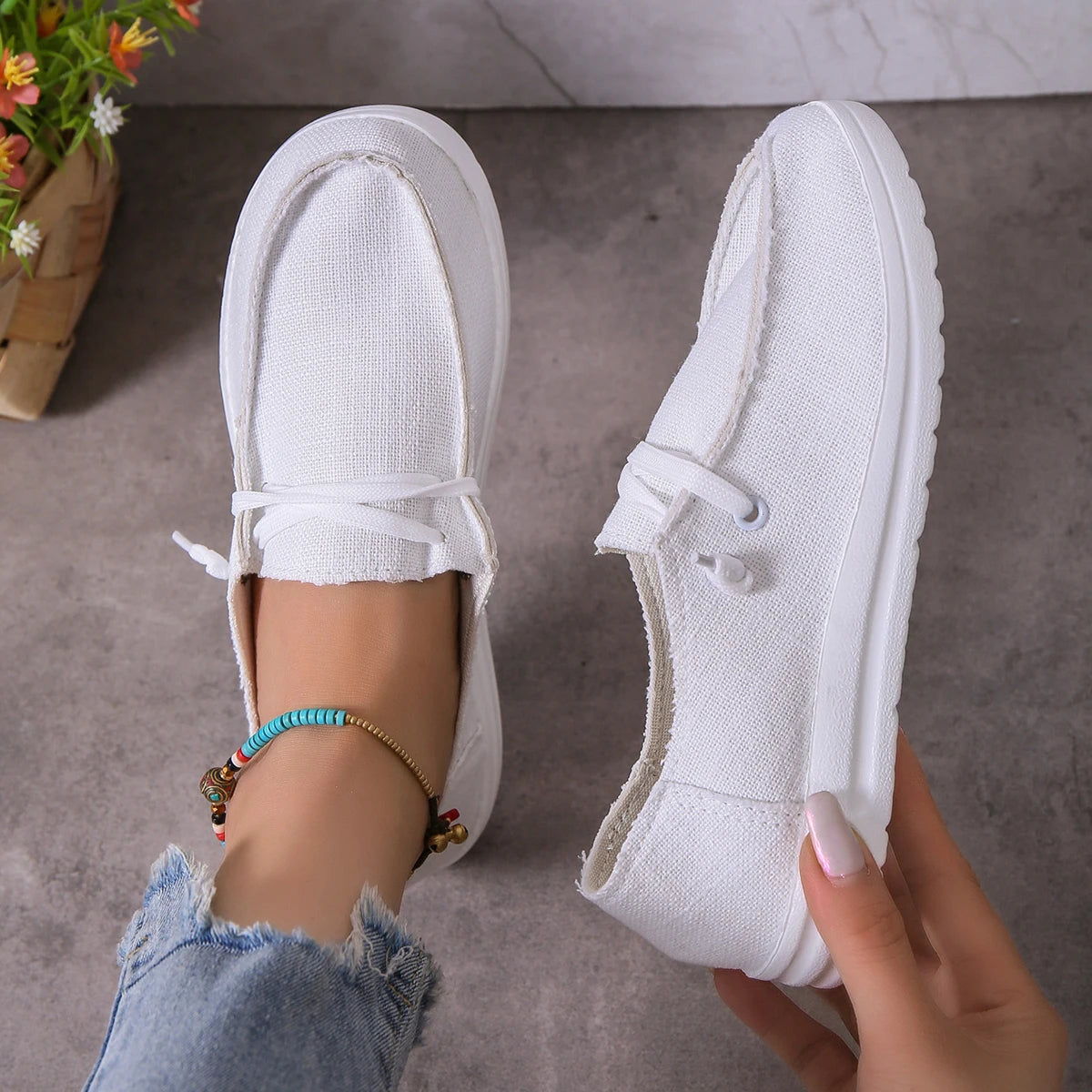 Calzado deportivo informal para mujer, zapatos planos ligeros y antideslizantes, zapatos de mezclilla con cordones para exteriores