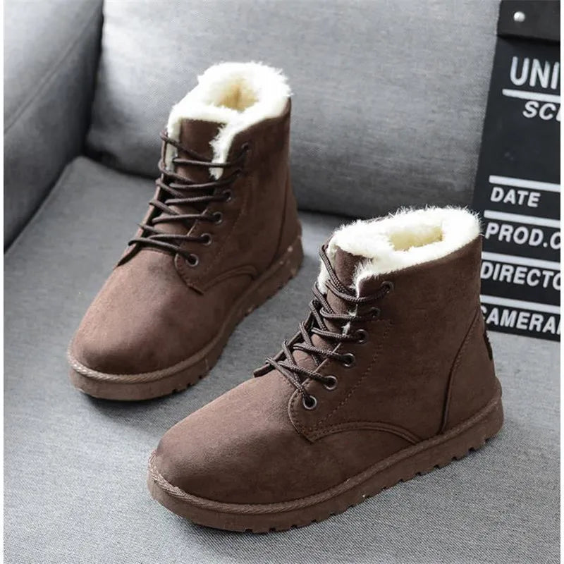 Botines de invierno con forro de peluche – botas planas de encaje para mujer