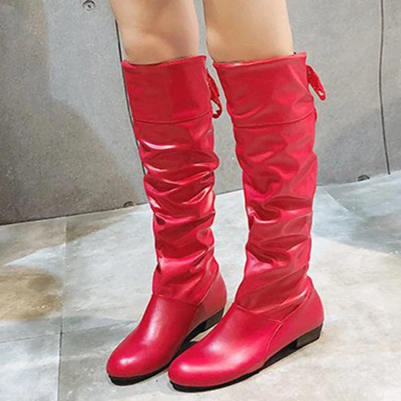 Botas altas - zapatos largos informales de cuero de tacón bajo plisados para mujer 2024