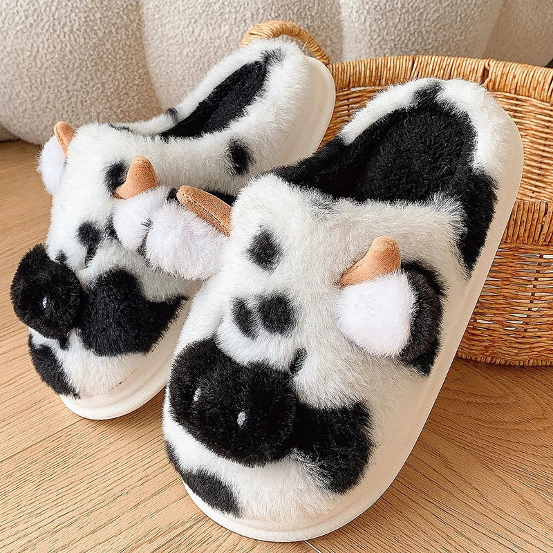 Zapatillas invernales de felpa para mujer – Pantuflas divertidas con diseño animal print vaca