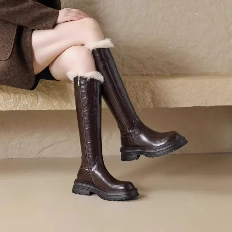Botas altas cálidas de piel - para mujer, botas de nieve de felpa hasta la rodilla de tacón bajo para invierno