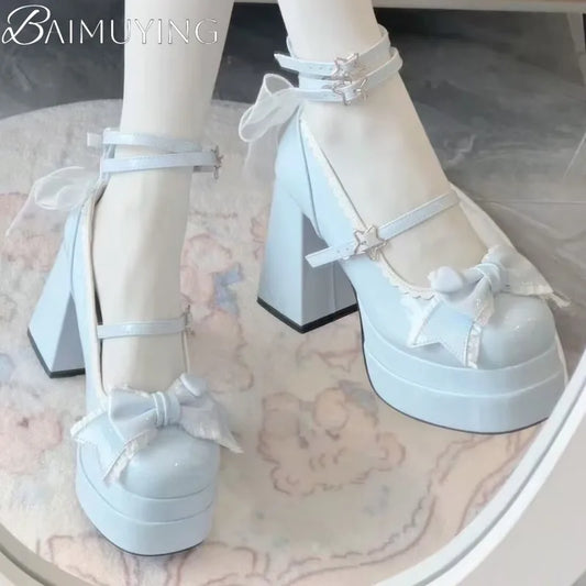 Sandalias de tacón ancho con moño - Moda Lolita elegante con plataforma para mujer.