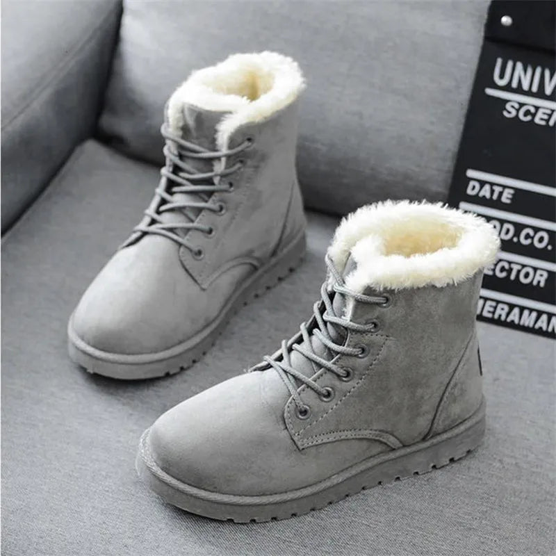 Botines de invierno con forro de peluche – botas planas de encaje para mujer