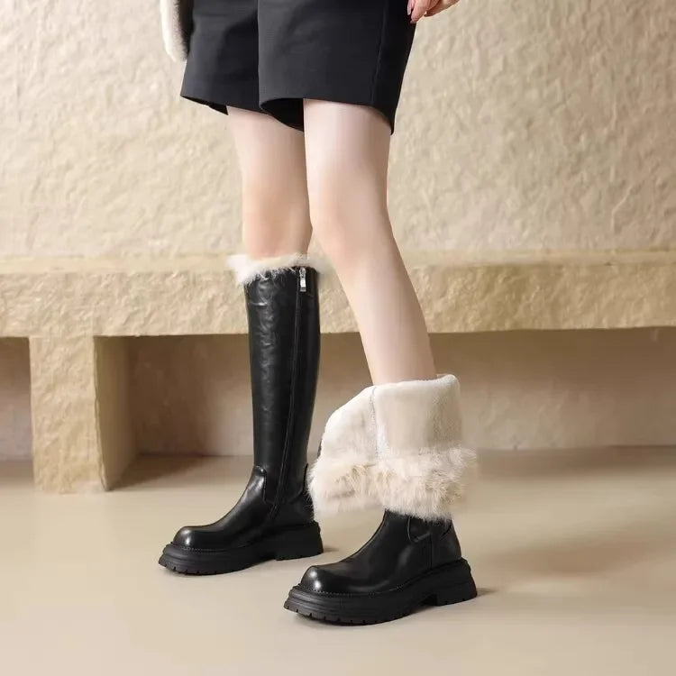Botas altas cálidas de piel - para mujer, botas de nieve de felpa hasta la rodilla de tacón bajo para invierno