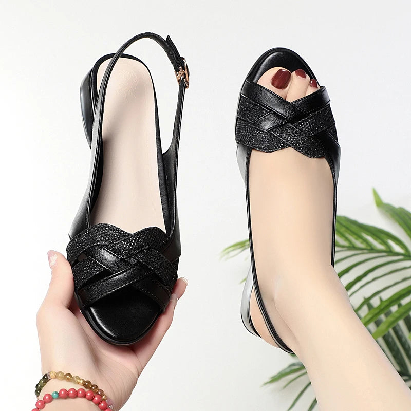 Sandalias de verano de cuero para dama – Diseño boca de pescado, estilo clásico y sofisticado