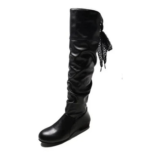 Botas altas - zapatos largos informales de cuero de tacón bajo plisados para mujer 2024