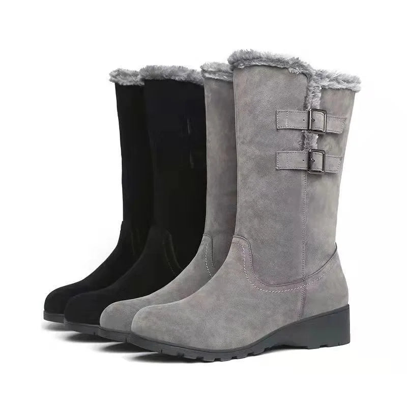 Botas de gamuza con felpa cálida para mujer. Diseño cómodo de caña media, resistentes y modernas