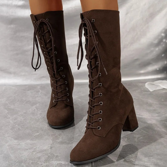 Botas de caña media para mujer con cordones delanteros y tacón grueso. Modernas, resistentes y antideslizantes