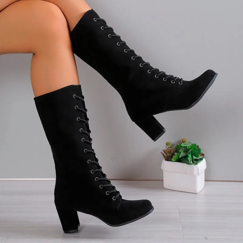 Botas de caña media para mujer con cordones delanteros y tacón grueso. Modernas, resistentes y antideslizantes