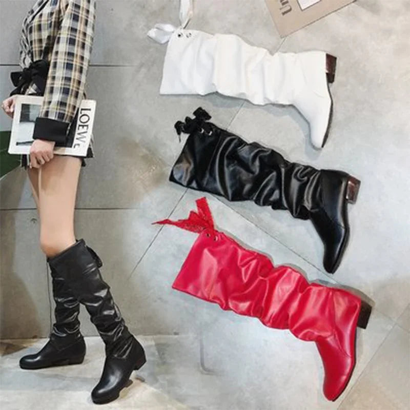 Botas altas - zapatos largos informales de cuero de tacón bajo plisados para mujer 2024