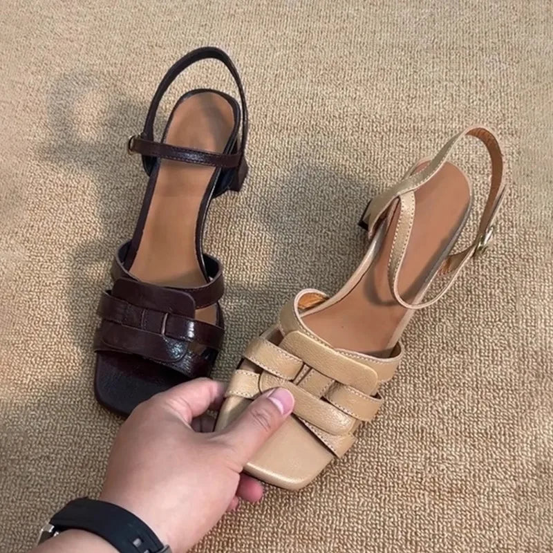 Tacones altos tipo romano con punta cuadrada – sandalias femeninas de verano
