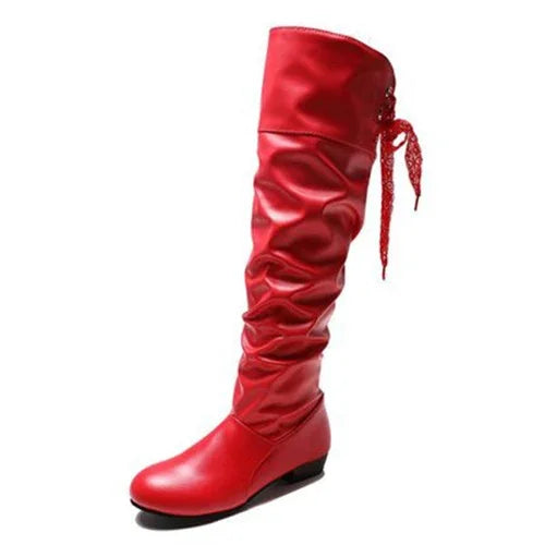 Botas altas - zapatos largos informales de cuero de tacón bajo plisados para mujer 2024