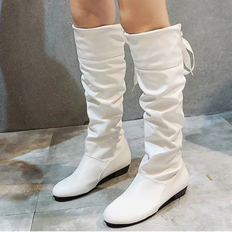 Botas altas - zapatos largos informales de cuero de tacón bajo plisados para mujer 2024