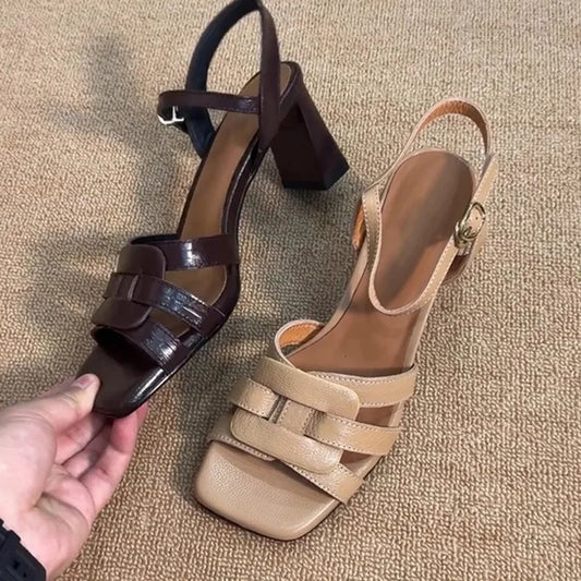 Tacones altos tipo romano con punta cuadrada – sandalias femeninas de verano