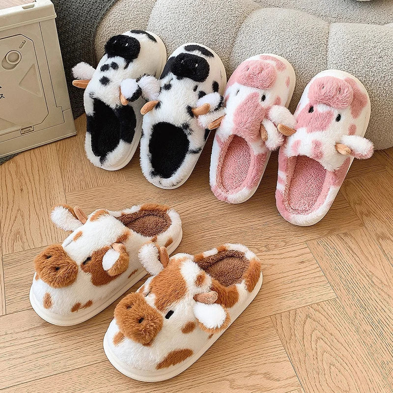 Zapatillas invernales de felpa para mujer – Pantuflas divertidas con diseño animal print vaca