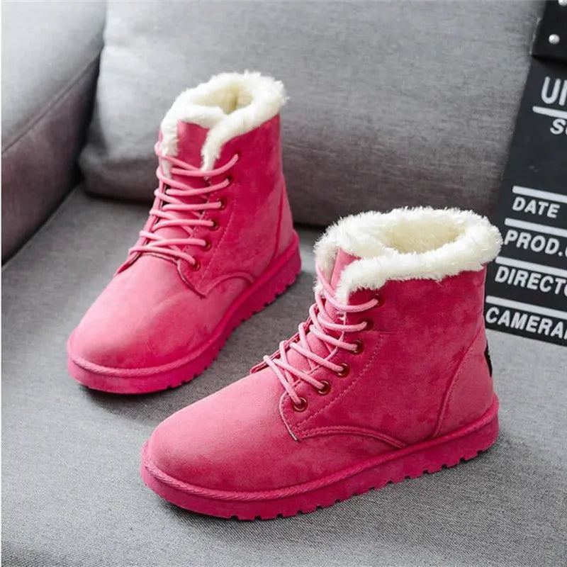 Botines de invierno con forro de peluche – botas planas de encaje para mujer
